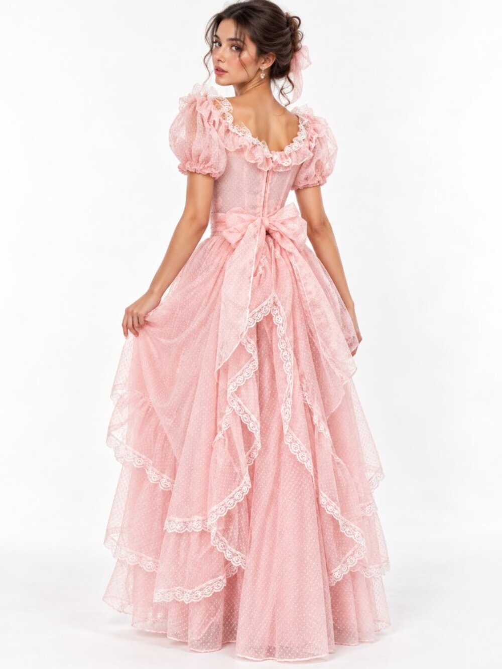 Vintage Pink Princess Prom Cinderella Swiss Dot Ruffle Lace Dress XS